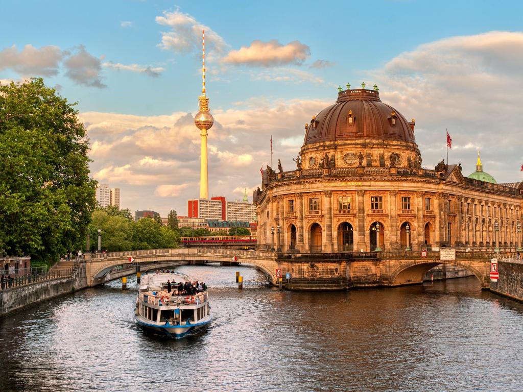 Museum island on Spree river and Alexanderplatz TV tower in center of Berlin, Germany