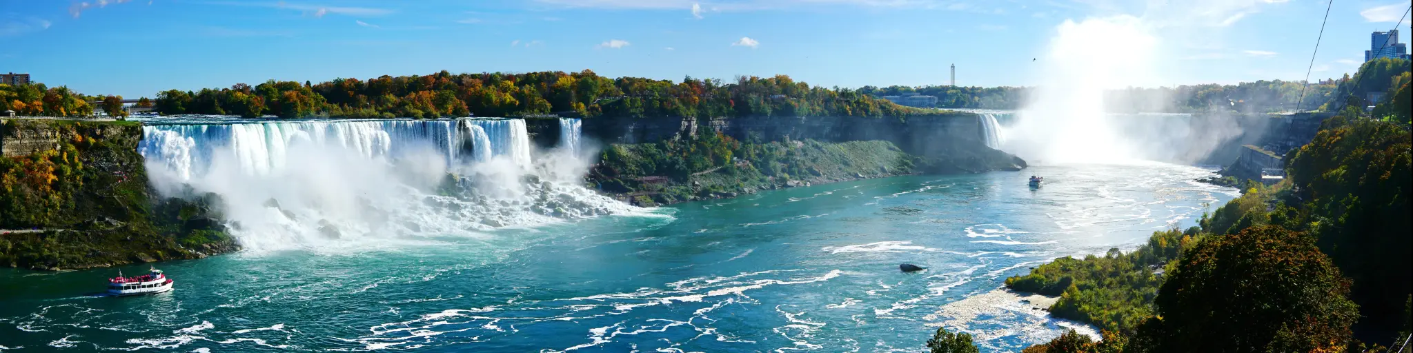 Panoramic view of Niagara falls on a bright summers day