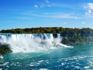 Panoramic view of Niagara falls on a bright summers day