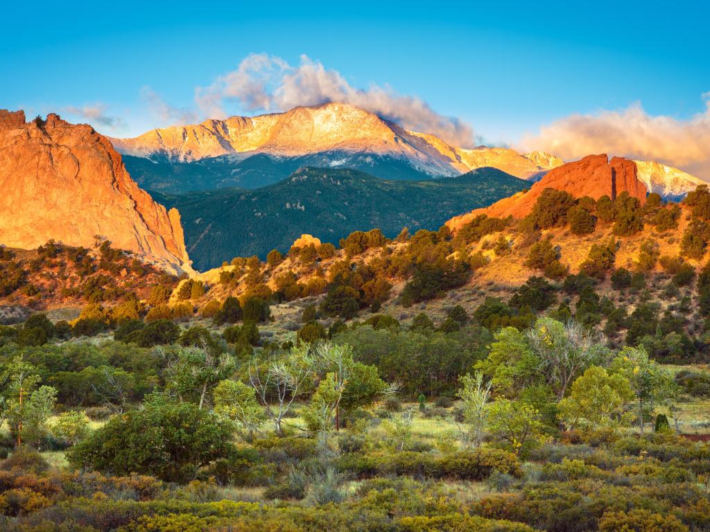 Sunrise looking out over the Garden of The Gods and Pike's Peak in Colorado Springs, Colorado