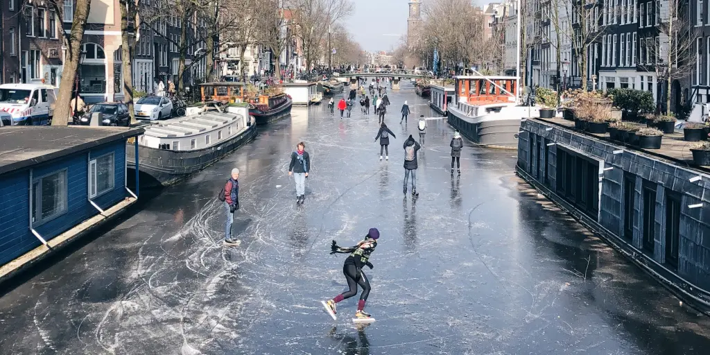 People ice skating on the frozen canal in Amsterdam 