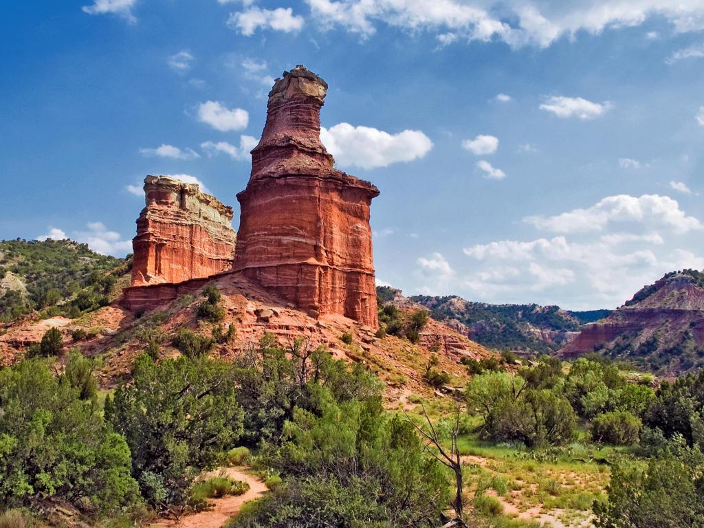 View of the famous red colored Lighthouse Rock Formation Palo Duro Canyon, Texas, on a bright sunny day