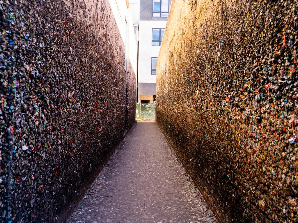 View down Bubblegum Alley, San Luis Obispo, California, with thousands of pieces of gum stuck to the walls
