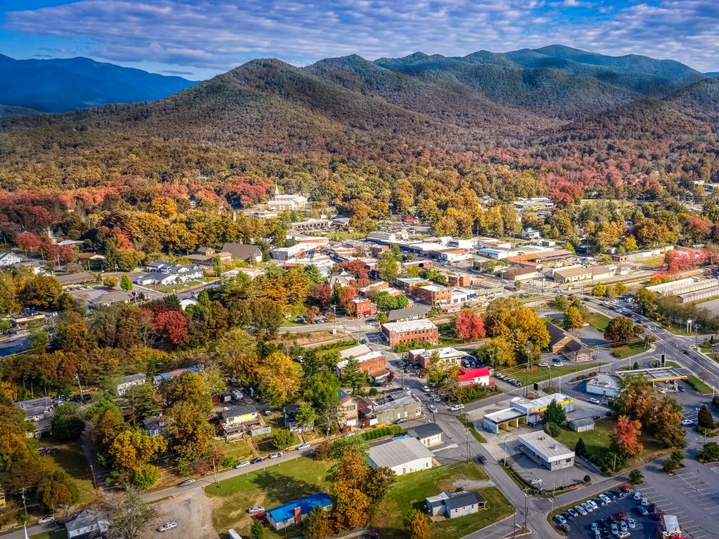 Aerial view picturesque Asheville neighborhood during the Fall with colors starting to show