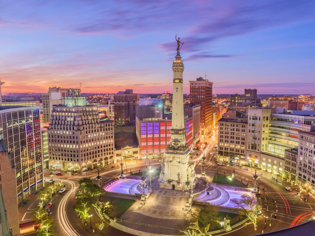 Indianapolis, Indiana, USA skyline over Soliders' and Sailors' Monument at dusk.