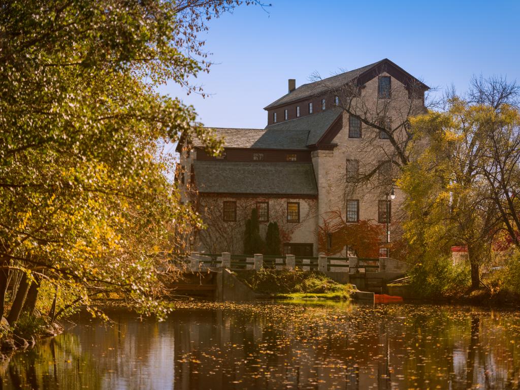 The old mill on water's edge in the fall in Cedarburg, Wisconsin