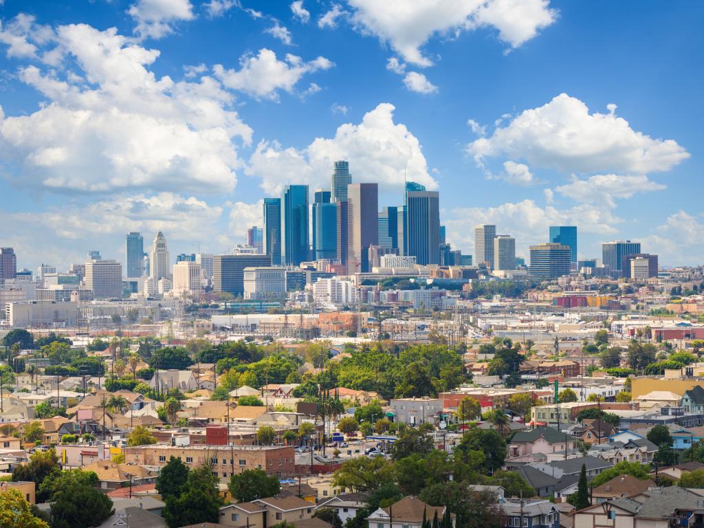 Downtown Los Angeles in the distance with a sprawl of neighborhoods around it.