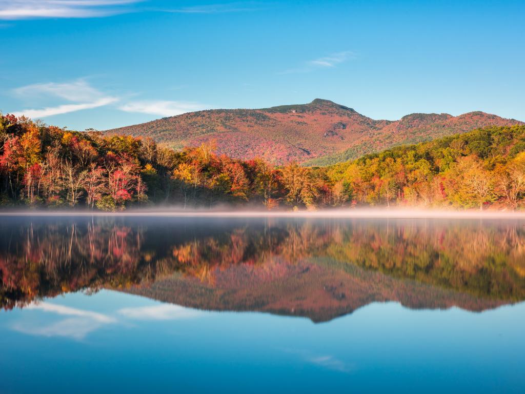 Grandfather Mountain, North Carolina, USA on Price Lake in fall on a sunny clear day with reflections in the foreground.