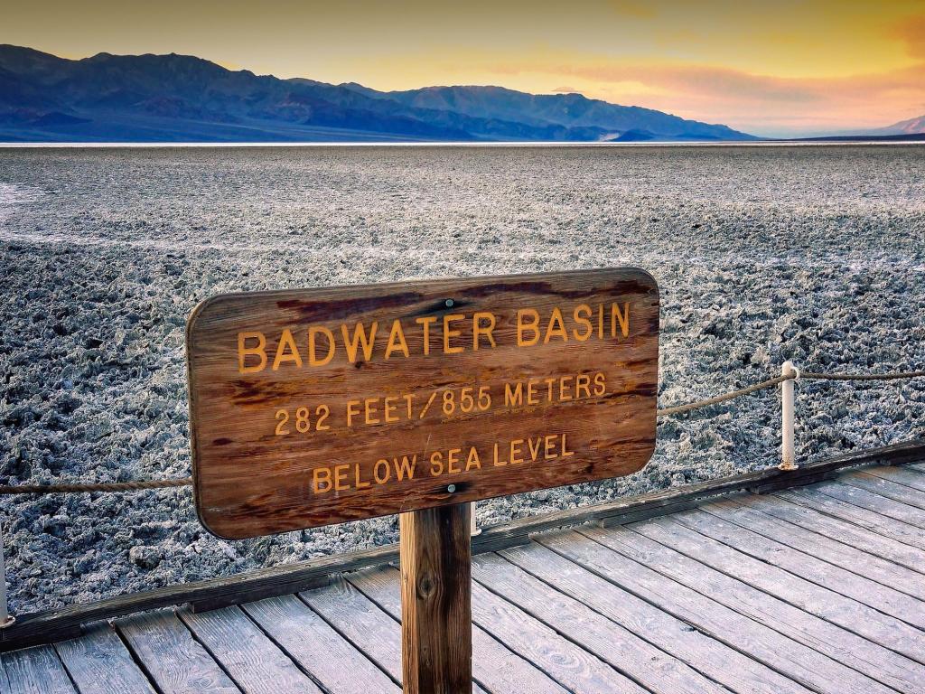 The salt flats in Badwater Basin in Death Valley National Park. Badwater Basin in the lowest point in North America at 282 feet below sea level.