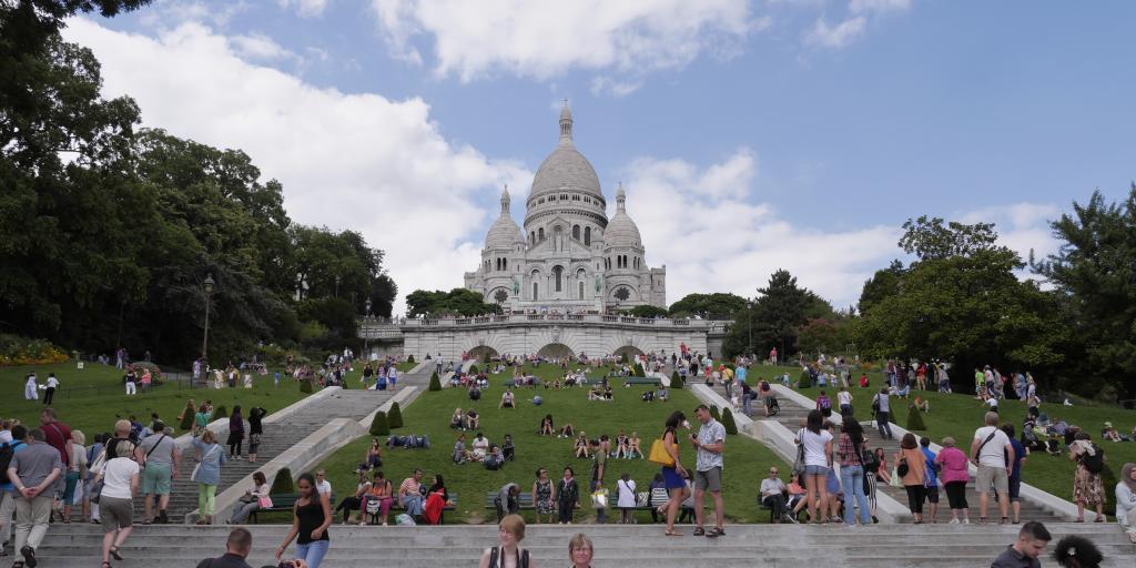 Sacre Coeur as seen from the bottom of the Montmartre hill in Paris