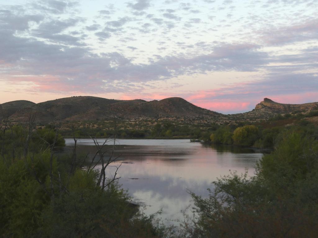 Sunset afterglow at Arivaca Lake with shrubs in the foregorund