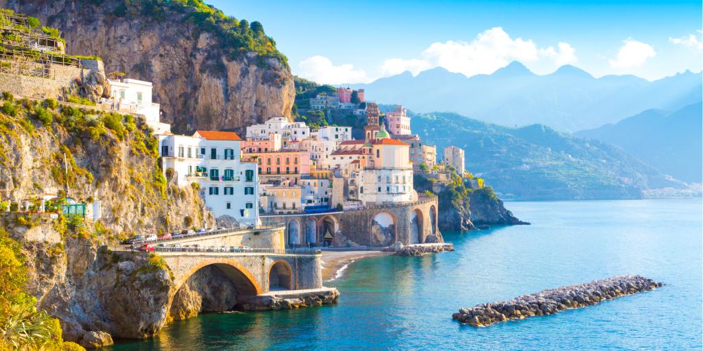 Morning view of Amalfi cityscape on coast line of Mediterranean sea