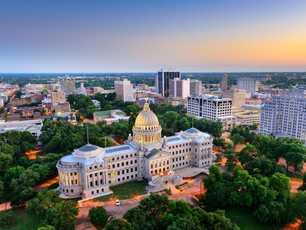 Jackson, Mississippi, USA cityscape at dusk.