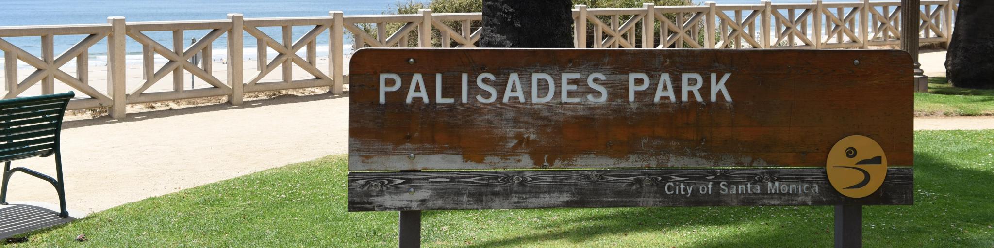 Palisades Park sign, Santa Monica, with the ocean in the background