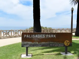 Palisades Park sign, Santa Monica, with the ocean in the background
