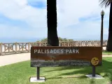 Palisades Park sign, Santa Monica, with the ocean in the background