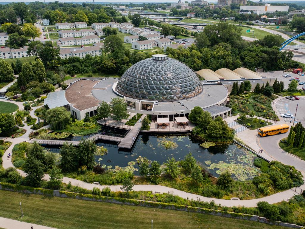 Aerial view of Greater Des Moines Botanical Garden, Des Moines, Iowa, with the dome in the center