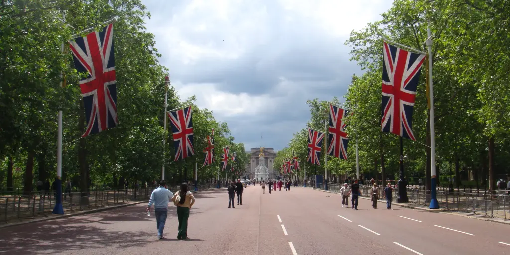 View down The Mall to Buckingham Palace in London 