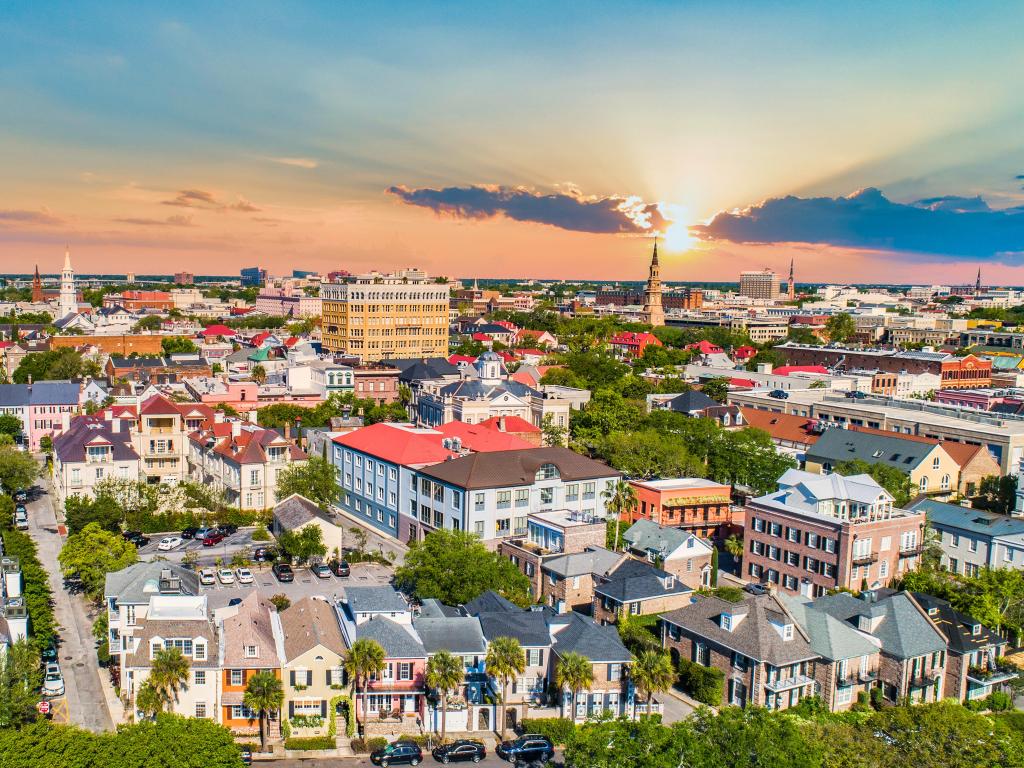 Cityscape at sunset with pink tones