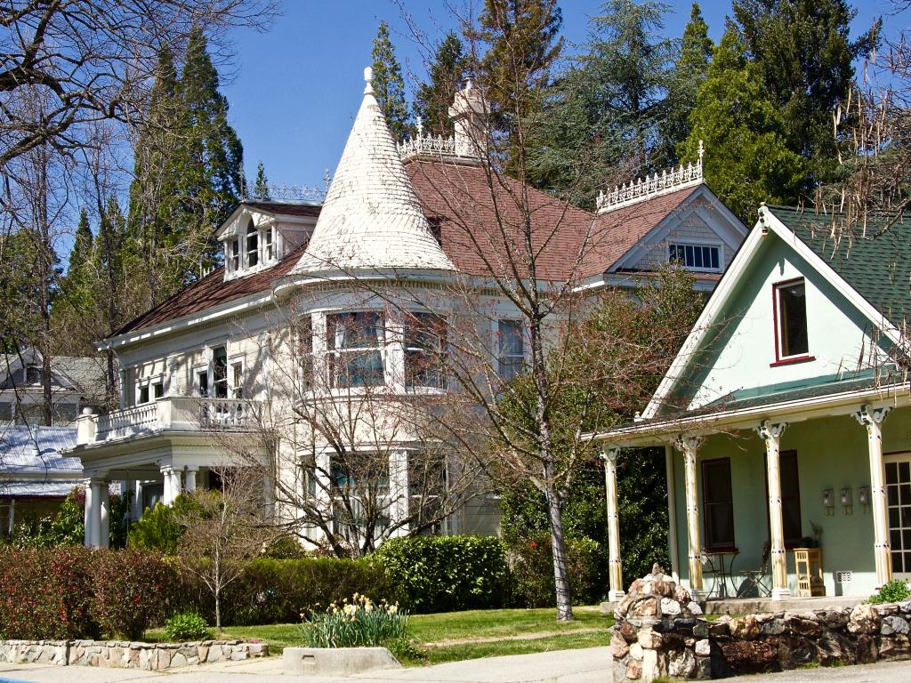 Elaborate old houses in the historic downtown of Nevada City. California