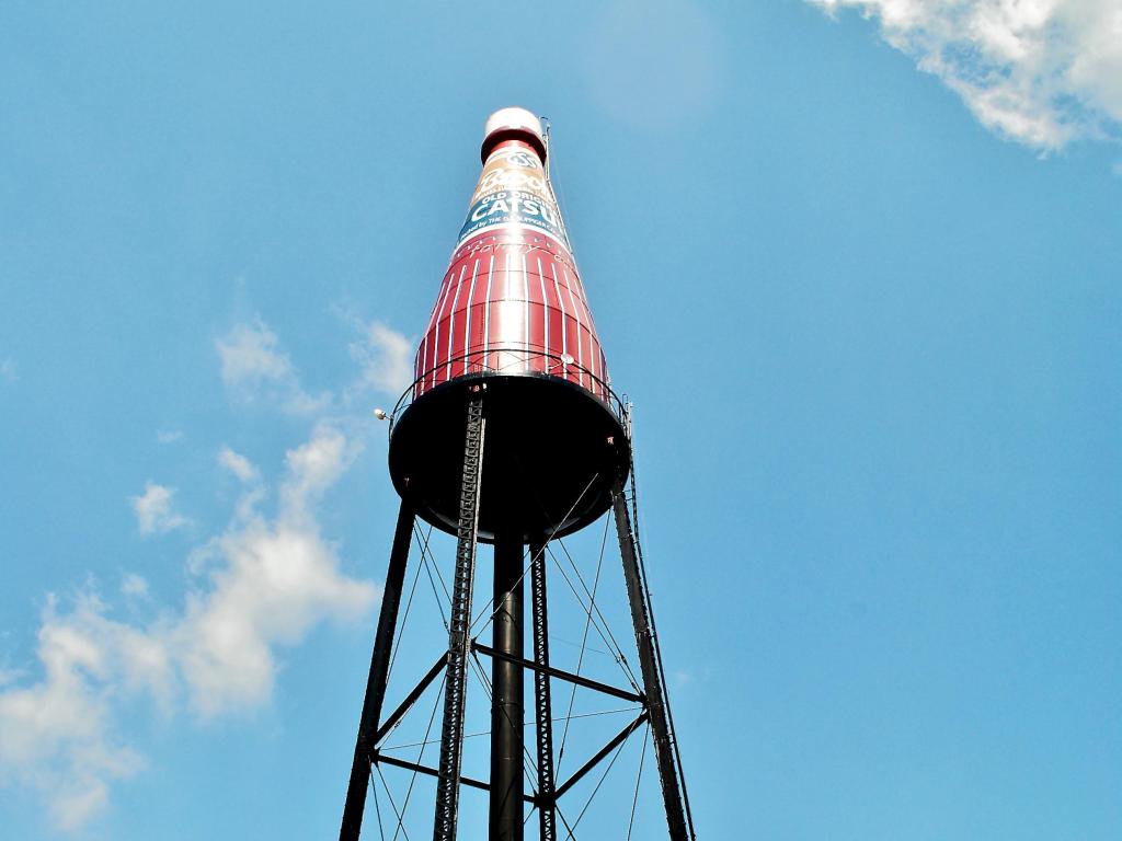 Unique ketchup tall water tower, built for the G.S. Suppiger catsup bottling company, o a sunny day