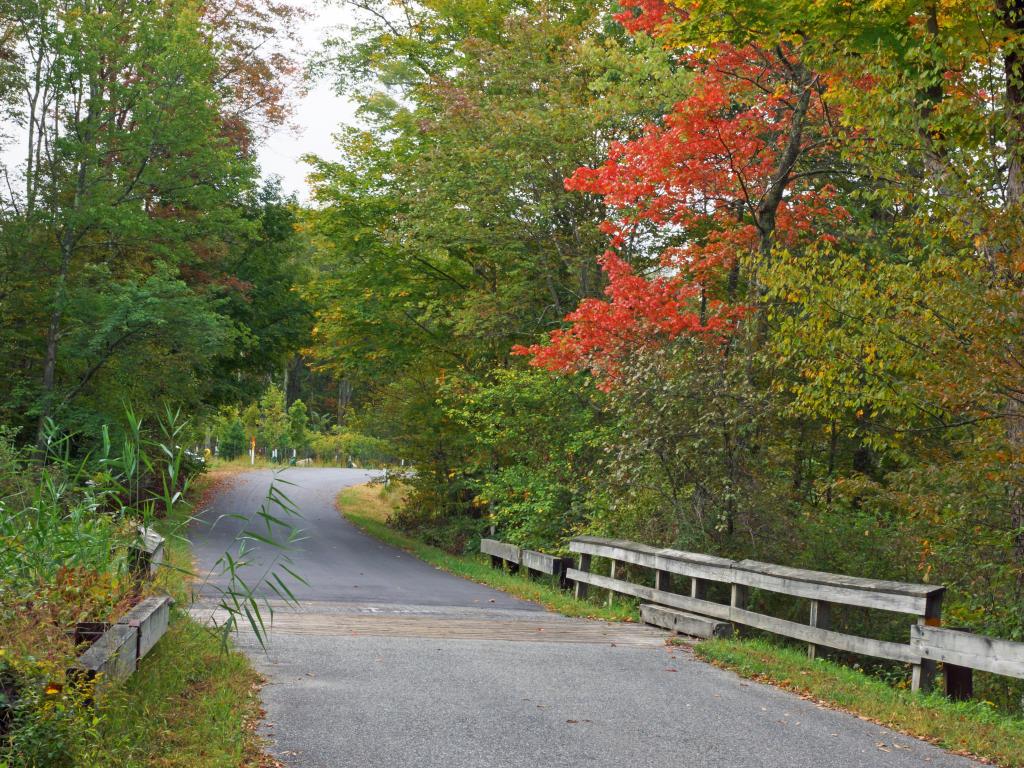 Byways weaving through High Point State Park in autumn, with fall foliage surrounding the byway