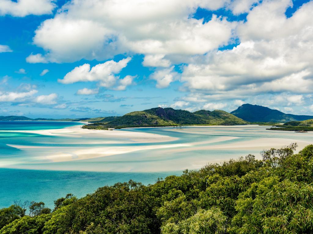 Airlie Beach, Australia with green trees in the foreground and a beautiful golden beach with clear turquoise water, plus mountains in the background.