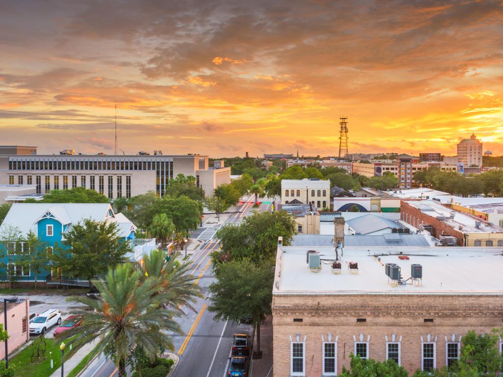 Gainesville, Florida, USA downtown cityscape at dusk.