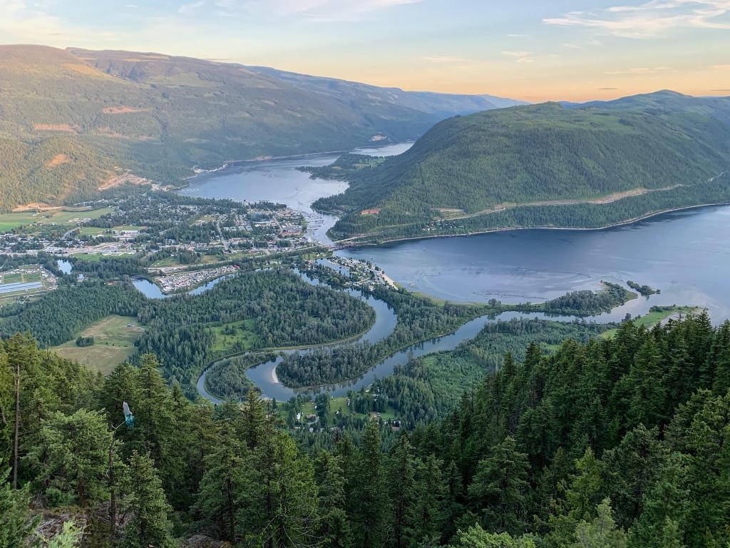 Sicamous, British Columbia, Canada an aerial view overlooking the small town of Sicamous and a small part of Shuswap Lake at sunset.