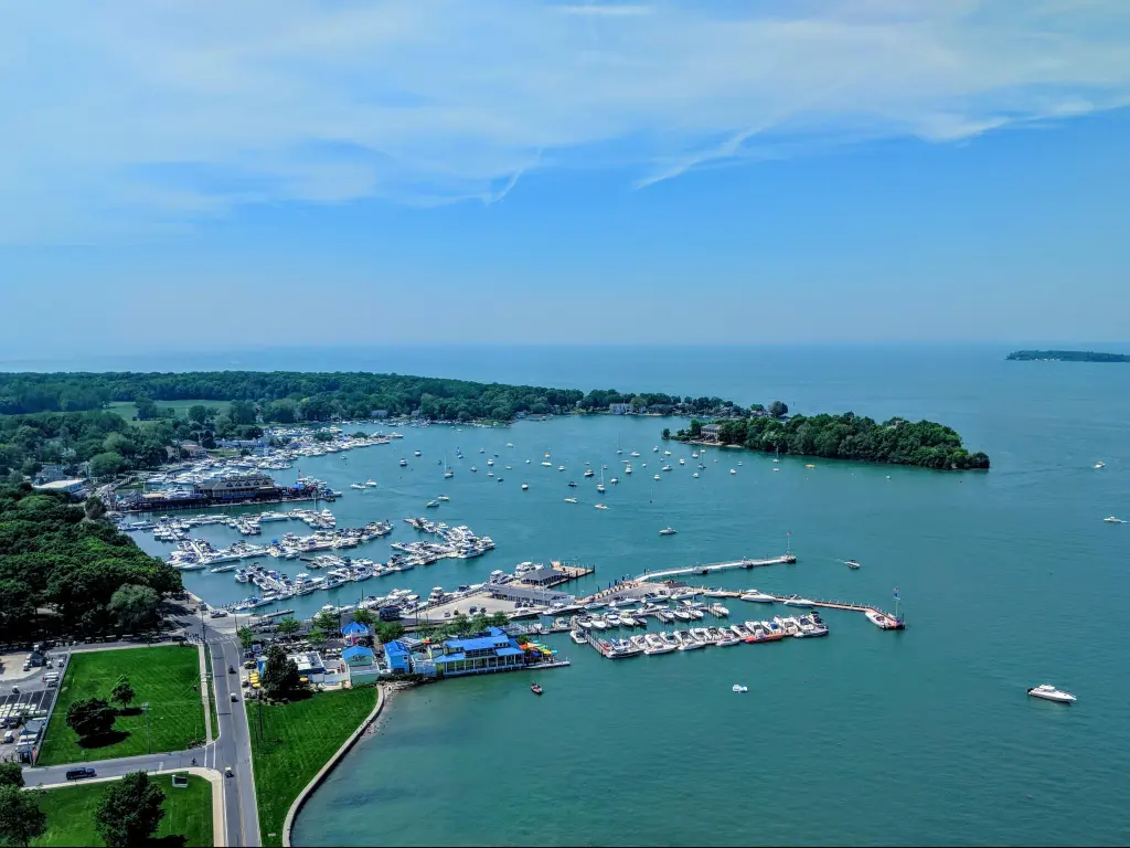 Aerial views of South Bass Island, including the harbor and town from Perry's Victory and International Peace Memorial.