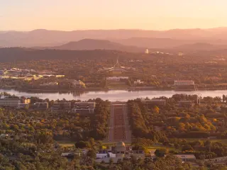 Autumn evening in Canberra with mist on the city