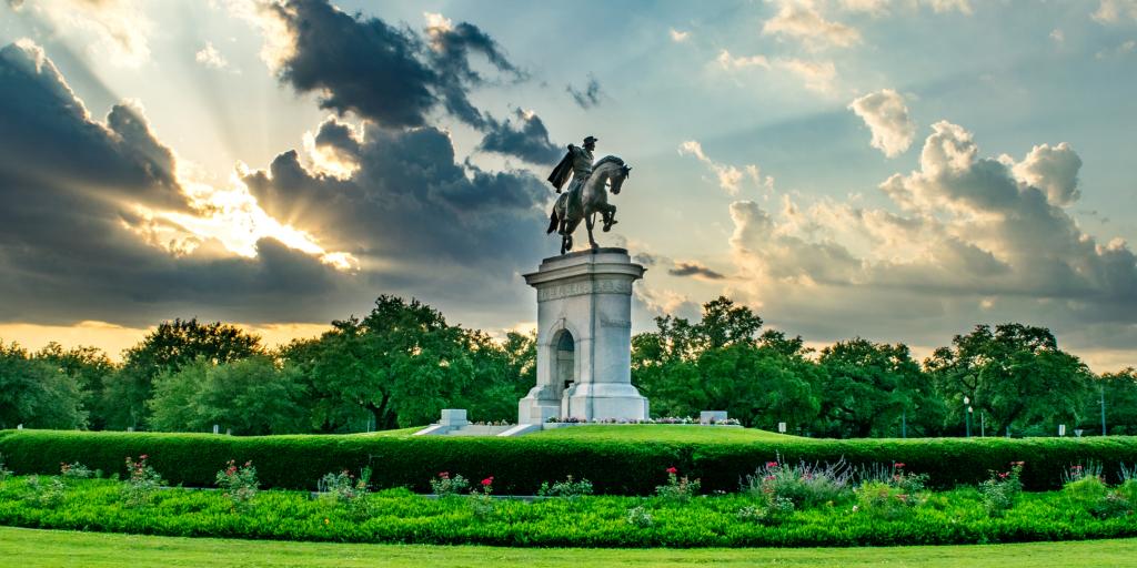 Sam Houston Statue, Houston against the setting sun 