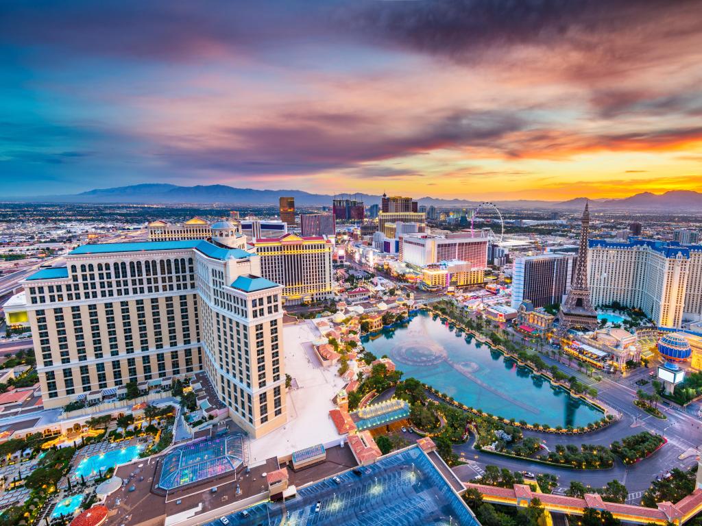 Las Vegas, Nevada, USA skyline over the strip at dusk.