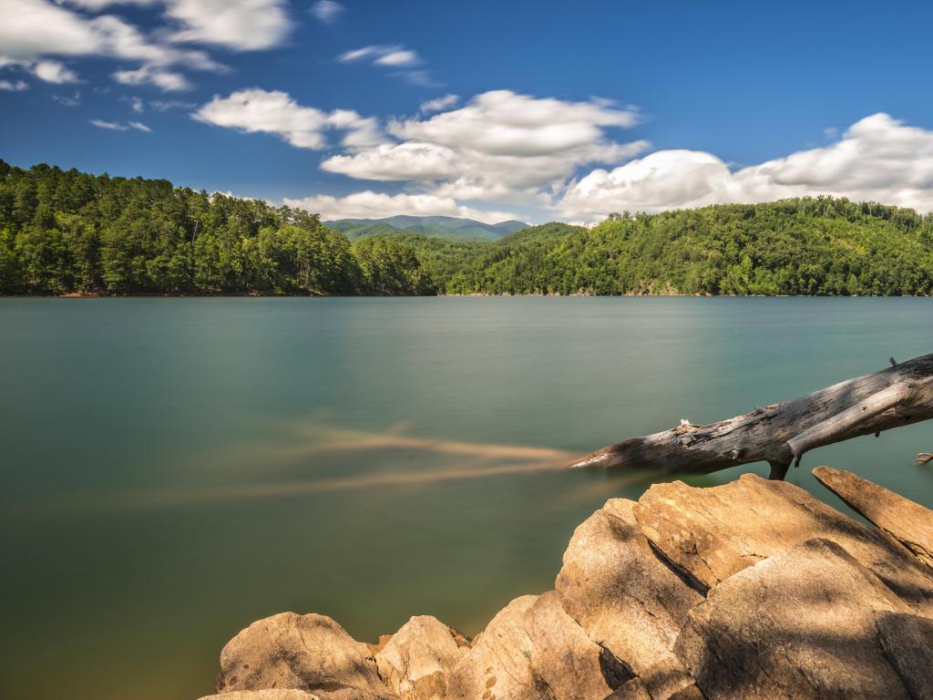 Fontana Lake, Asheville, USA with rocks and a fallen tree in the foreground and tree covered mountains in the distance on a sunny day.
