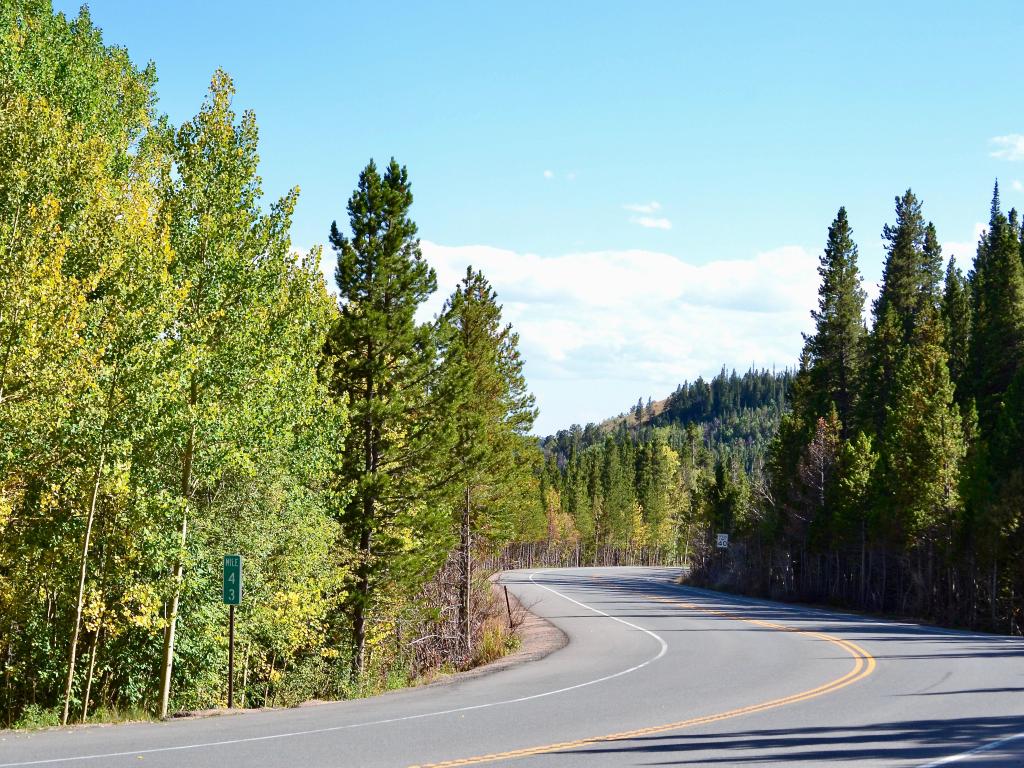 View of the road on a scenic fall drive on the Peak to Peak Highway just as the autumn leaves begin to change