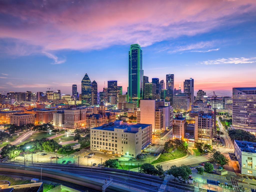 Downtown Dallas TX skyline at night