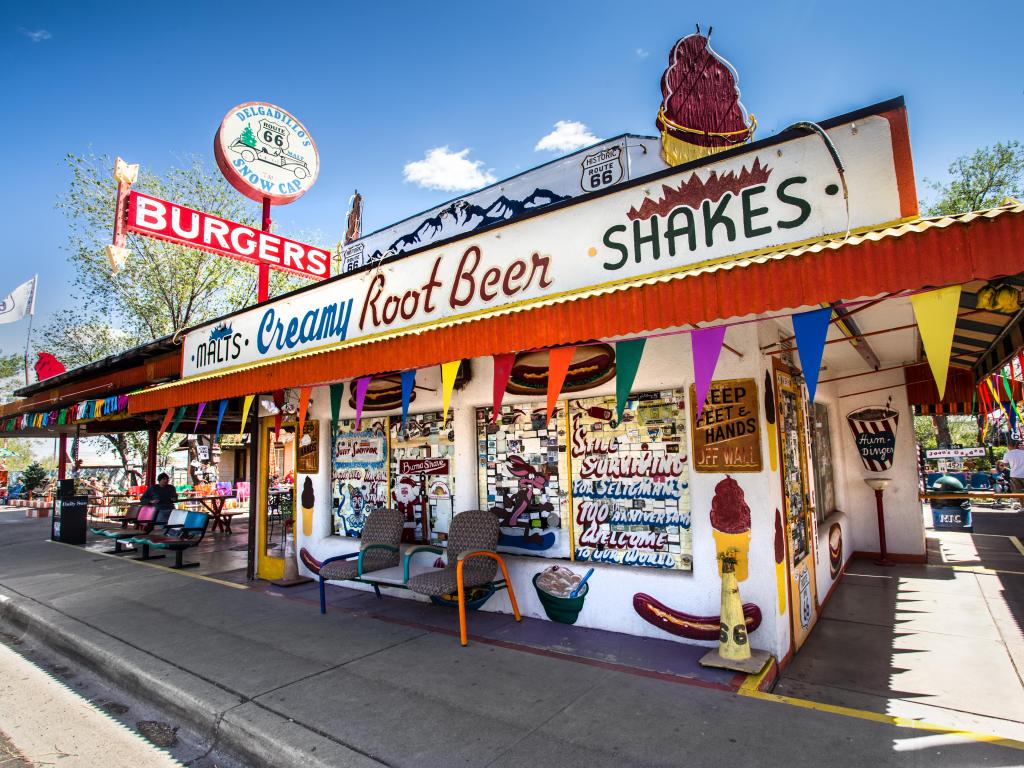 Colorful roadside eatery in Seligman covered in signs