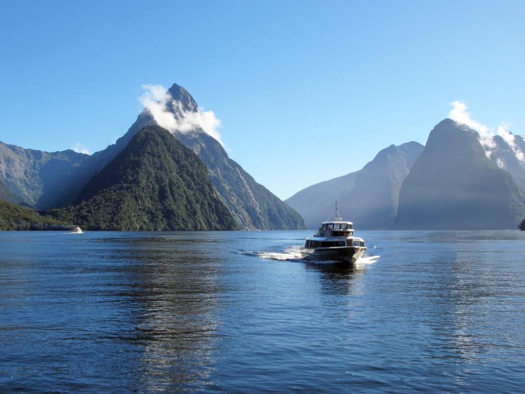 Beautiful view of Mitre Peak and boat cruising, Milford Sound,New Zealand