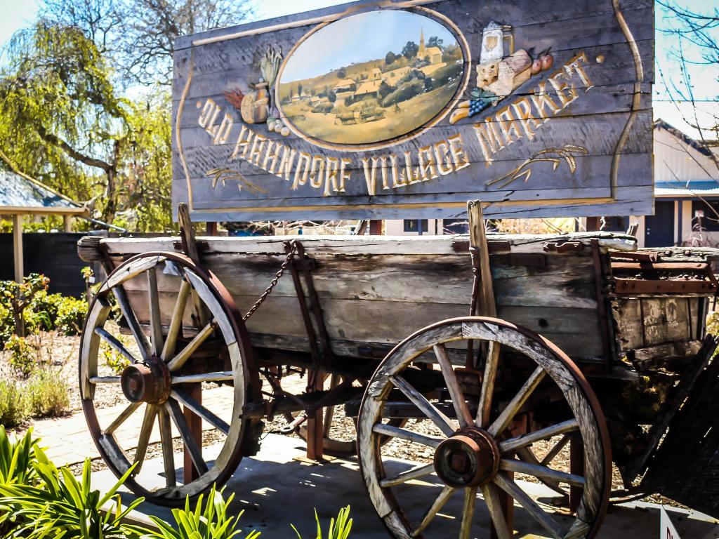 Old wooden cart in a sunny day as Hahndorf iconic landmark. Hahndorf is known for German - style architecture and artisanal food