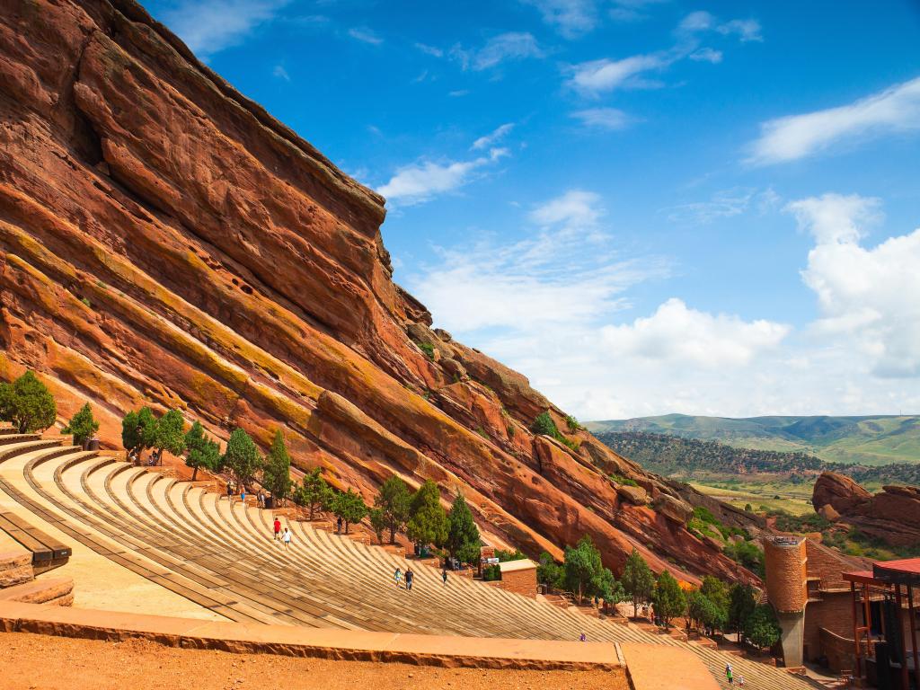 Famous Historic Red Rocks Amphitheater near Denver, Colorado on a beautiful day with blue skies.