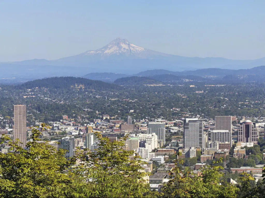 Portland, Oregon, USA with the downtown cityscape and landscape with Mount Hood and trees in the foreground taken on a sunny day.