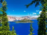 Bright blue lake , view framed by trees on a sunny day