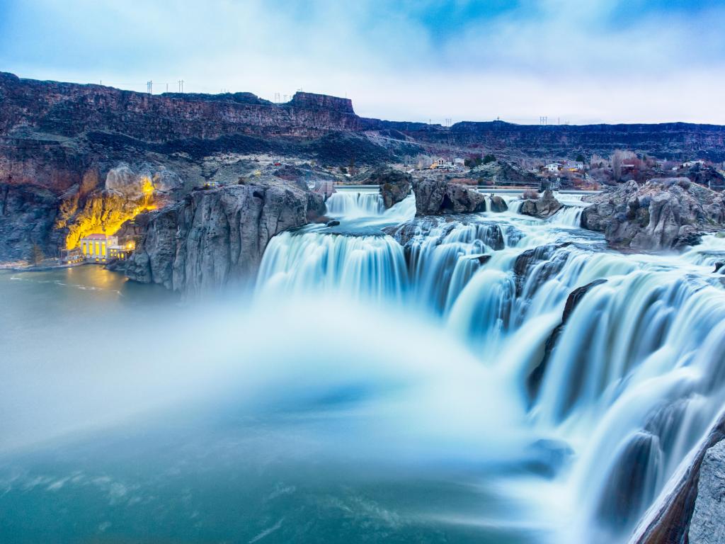 Twin Falls, Idaho, USA taken at beautiful Shoshone Falls in blue hour with Snake river.