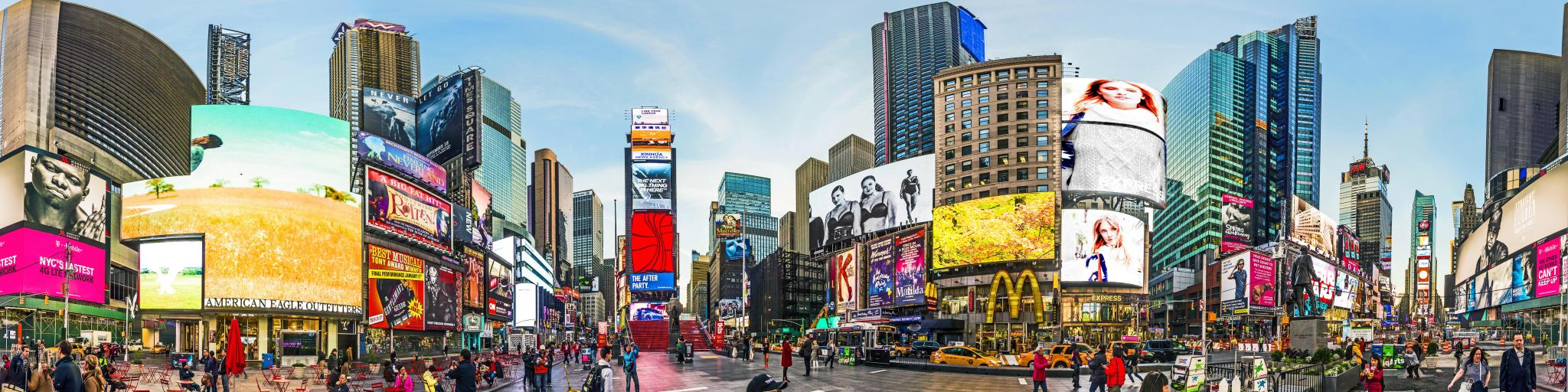 Wide view of Times Square billboards on LED signs, New York