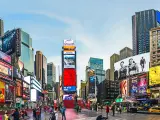 Wide view of Times Square billboards on LED signs, New York