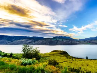 Kamloops Lake, Trans Canada Highway, British Columbia, Canada at sunset with green land in the foreground, a lake and mountains in the distance.