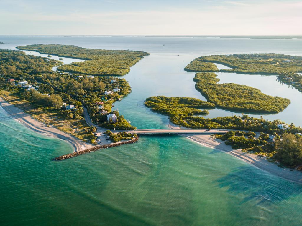 Stunning aerial view during sunrise of Captiva Island and Sanibel Island.