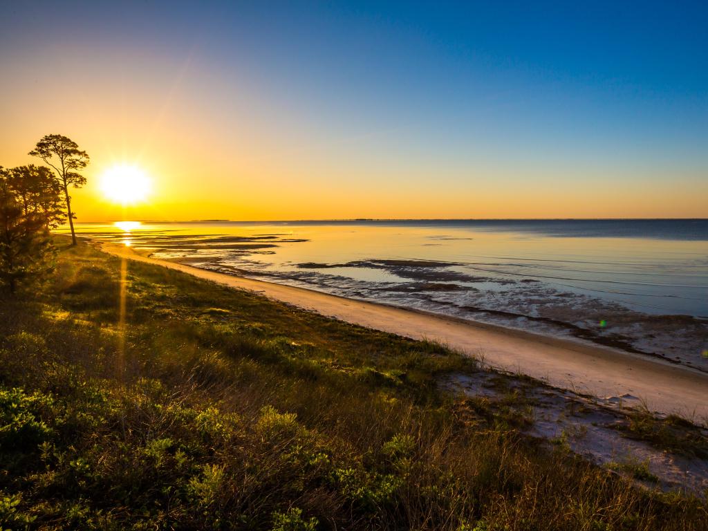 Apalachicola, Florida, USA taken at sunrise over the beach with a grass verge in the foreground.