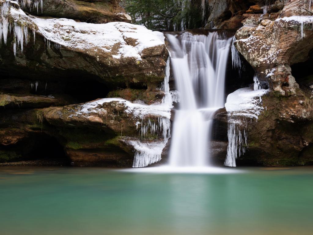 Upper Falls, Long Exposure of Waterfall in Icy Winter Conditions, Appalachian Mountain Region, Hocking Hills, Wayne National Forest, Ohio.