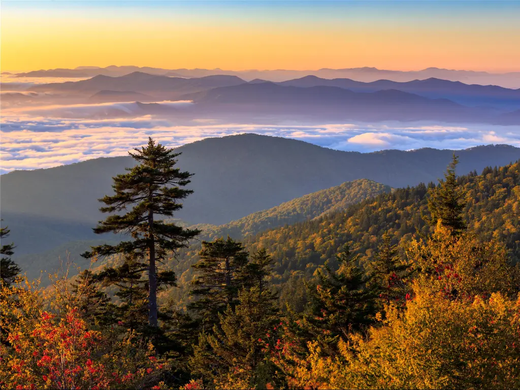 Great Smoky Mountains National Park, Tennessee, USA with a view of the sun rising over Clingman's Dome with low cloud in the distance. 